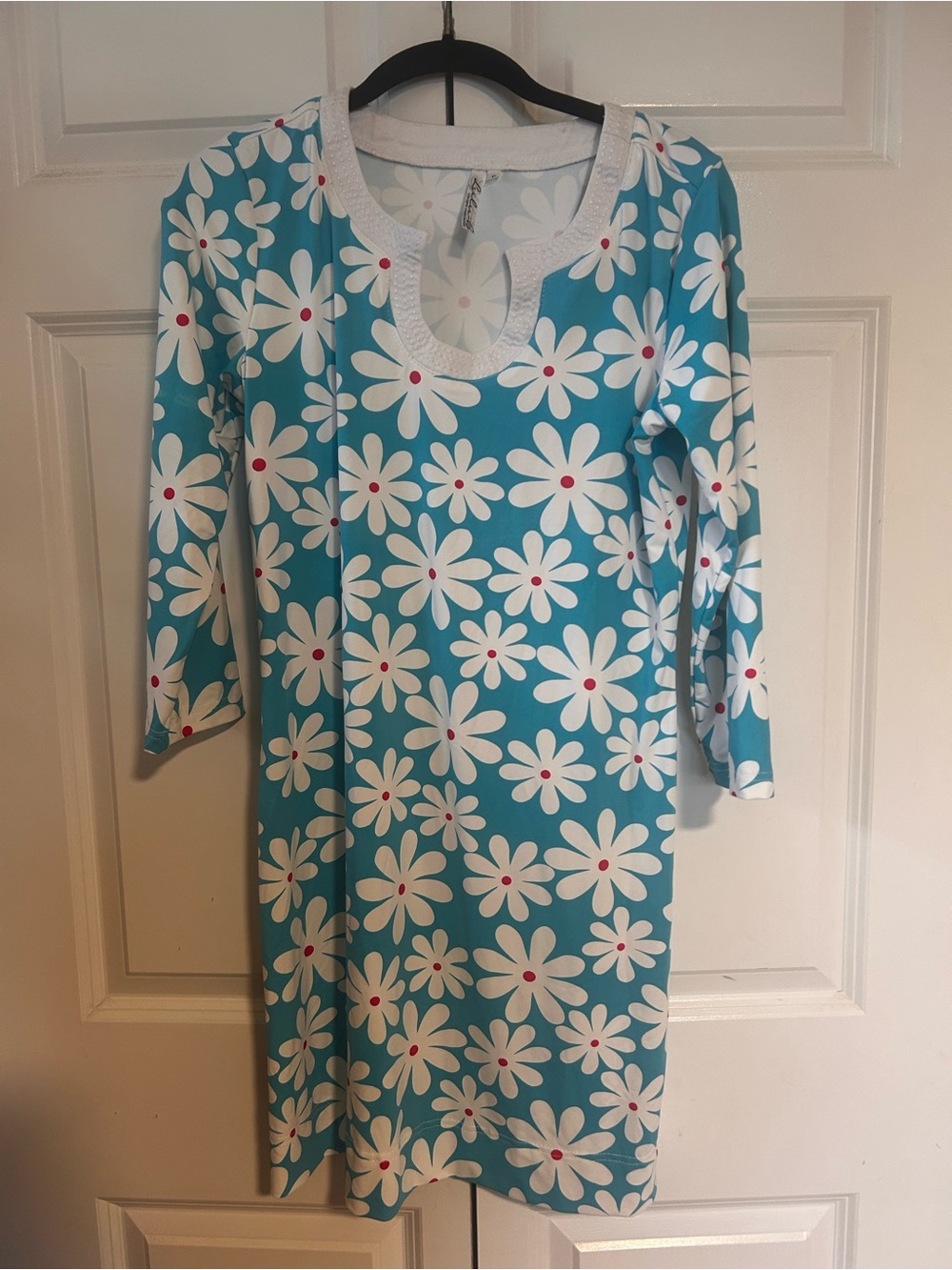Lulu-B Teal Dress with White Daisy Print and Pink Centers